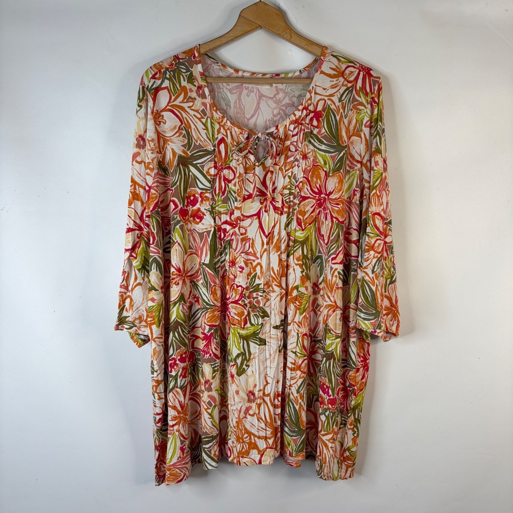 Belle by Kim Gravel Tunic Top Women 3X Orange Floral Pintuck 3/4 Sleeve